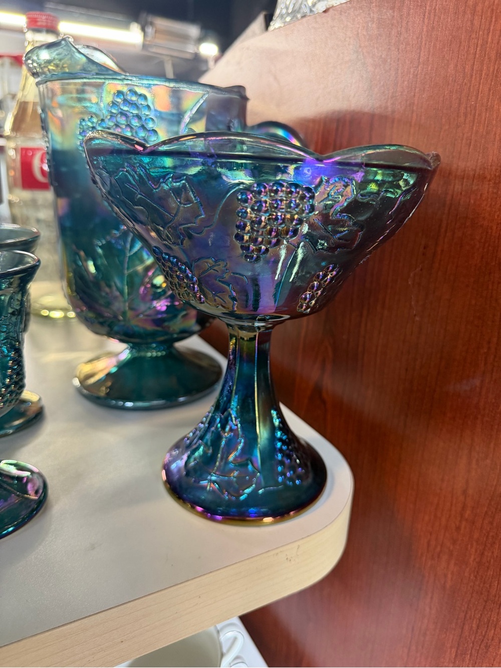Iridescent Teal Carnival Glass Compote - Decorative Home Art